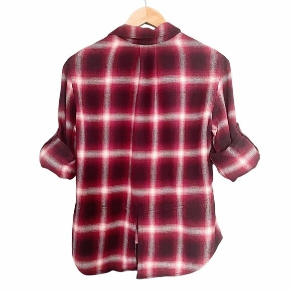 Anthropologie Cloth & Stone Cranberry Plaid Flannel Button Front Blouse Size XS - Picture 2 of 14